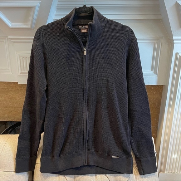 P: Michael Michael Kors Full Zip Black Cardigan waffle knit Sweater Sz L - Picture 1 of 9